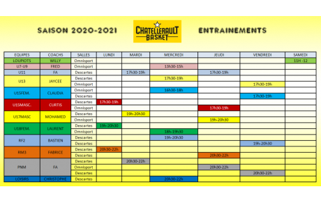 Planning des entrainements saison 2020-2021